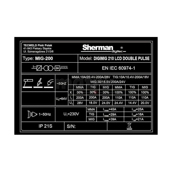 SPAWARKA SYNERGIA MIGOMAT MIG TIG MMA SHERMAN DIGIMIG 210 LCD DOUBLE PULSE