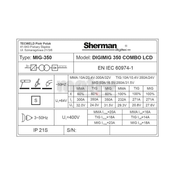 SPAWARKA SYNERGIA MIGOMAT MIG TIG MMA SHERMAN DIGIMIG 350 COMBO LCD