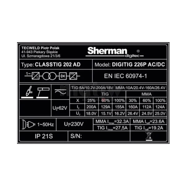 SPAWARKA INWERTOROWA TIG MMA ALUMINIUM SHERMAN DIGITIG 226P AC/DC