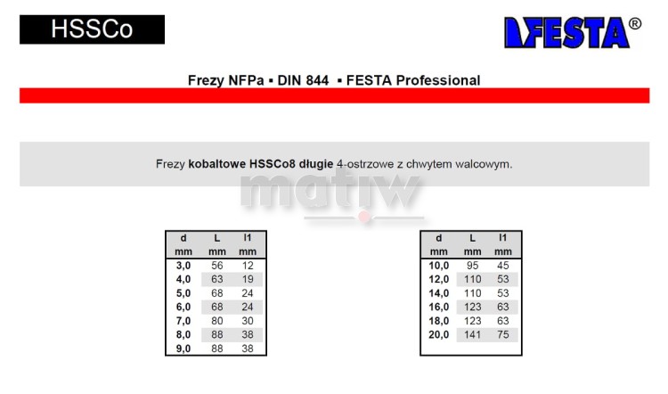 FREZ TRZPIENIOWY KOBALTOWY NFPa DIN 844 FESTA 4 OSTRZA DŁUGI 9,0mm