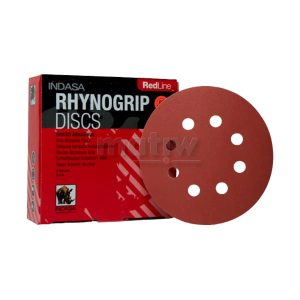 KRĄŻEK PAPIER ŚCIERNY NA RZEP 125mm INDASA 8H RHYNOGRIP RED LINE P 180 50szt.