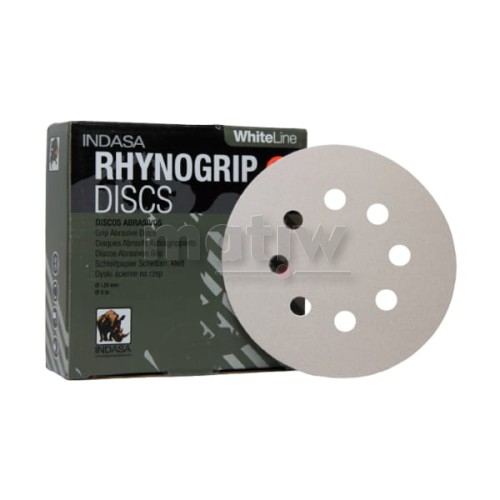 KRĄŻEK PAPIER ŚCIERNY NA RZEP 125mm 8H INDASA RHYNOGRIP WHITE LINE P 120 50szt