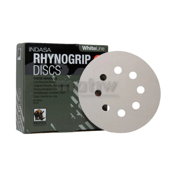 KRĄŻEK PAPIER ŚCIERNY NA RZEP 125mm 8H INDASA RHYNOGRIP WHITE LINE P 120 50szt