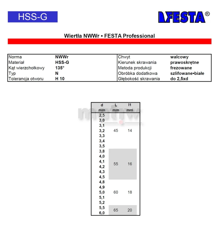 WIERTŁO DWUSTRONNE FESTA PROFESSIONAL NWWr HSS-G 4,5 mm