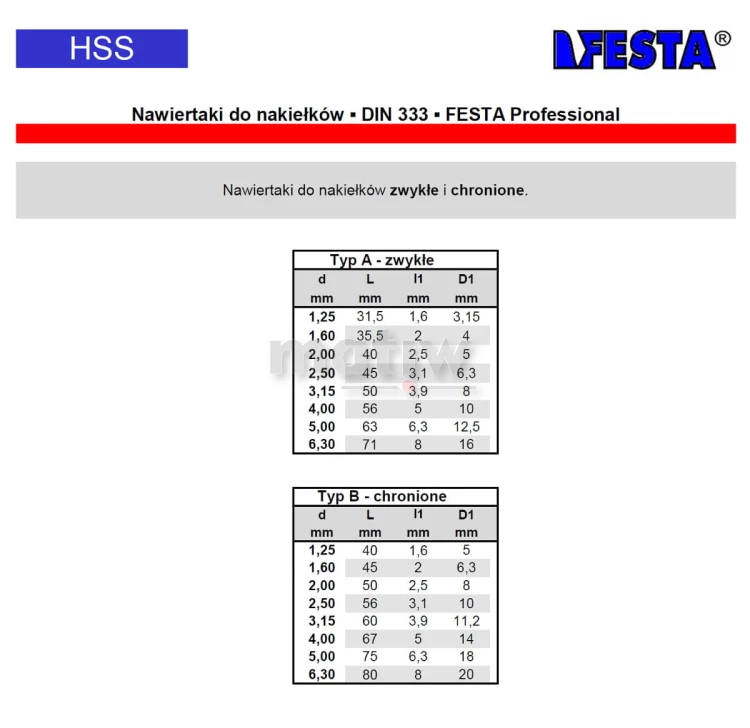 NAWIERTAK DO NAKIEŁKÓW CHRONIONY FESTA DIN 333 TYP B 2,5 0mm