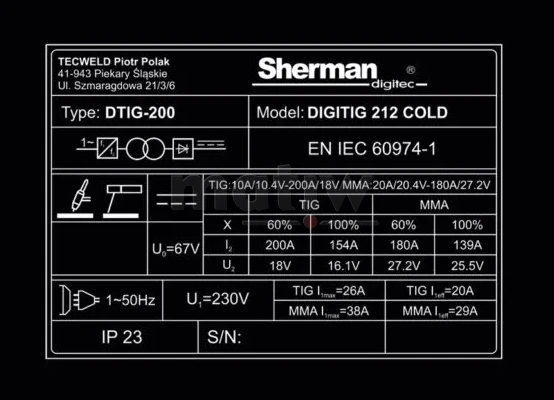 SPAWARKA TIG SHERMAN DIGITIG 212 COLD MMA HF DC