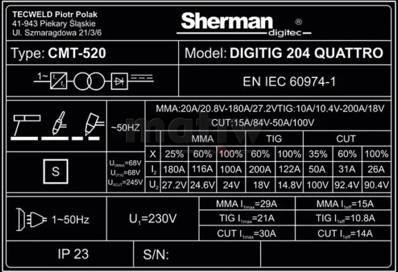 SPAWARKA TIG PLAZMA SHERMAN DIGITIG 204 QUATRO Z WÓZKIEM