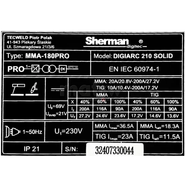 SPAWARKA MMA SHERMAN DIGIARC 210 SOLID ELEKTRODOWA TIG LIFT