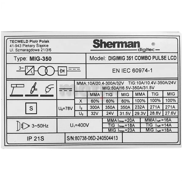 SPAWARKA MIGOMAT SHERMAN MIG DIGIMIG 351 COMBO LCD SYNERGIA TIG MMA