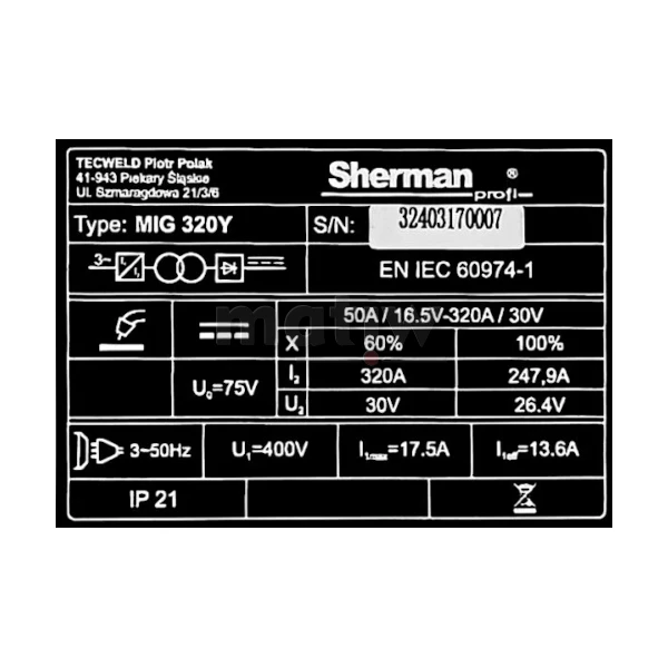 SPAWARKA MIGOMAT SHERMAN MIG 320Y/4R MMA 400V 320A LUTOSPAWANIE