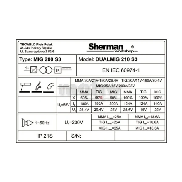 SPAWARKA MIGOMAT SHERMAN MIG DUALMIG 210 S3 TIG MMA