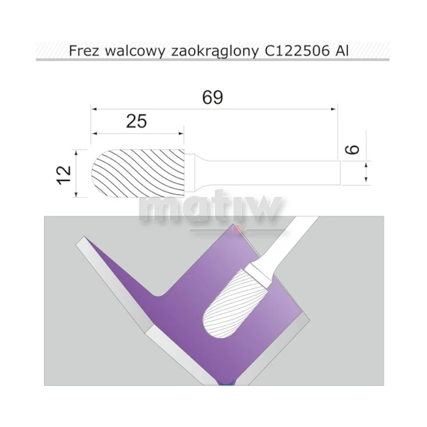 FREZ TRZPIENIOWY WALCOWY ZAOKRĄGLONY DO ALUMINIUM SHERMAN TYP C 12 mm
