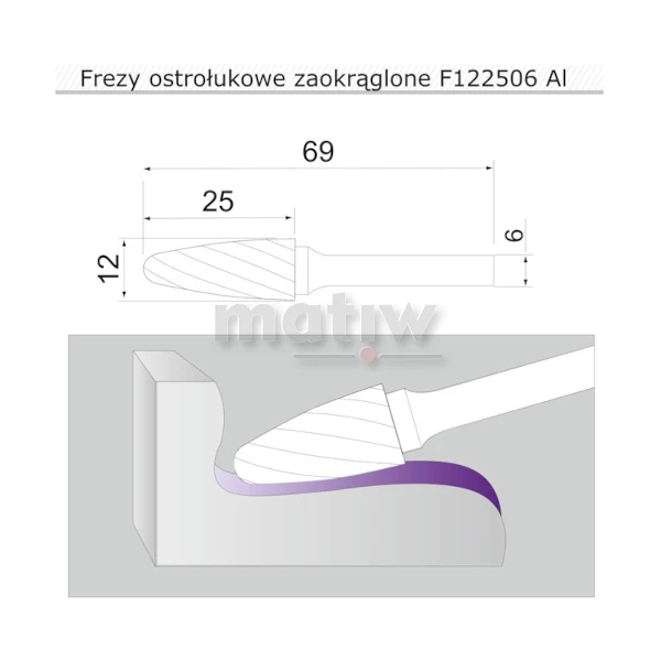 FREZ TRZPIENIOWY OSTROŁUKOWY ZAOKRĄGLONY DO ALUMINIUM SHERMAN TYP F 12 mm