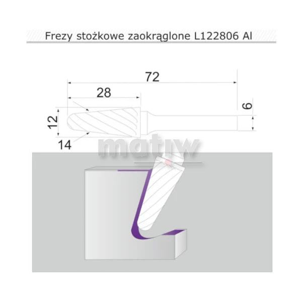FREZ TRZPIENIOWY STOŻKOWY ZAOKRĄGLONY DO ALUMINIUM SHERMAN TYP L 12 mm