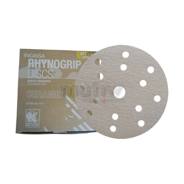 KRĄŻEK PAPIER ŚCIERNY NA RZEP 150 mm 14H+1 INDASA HT CERAMIC LINE P120 50szt