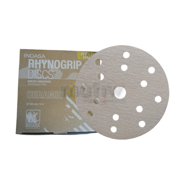 KRĄŻEK PAPIER ŚCIERNY NA RZEP 150 mm 14H+1 INDASA HT CERAMIC LINE P240 50szt