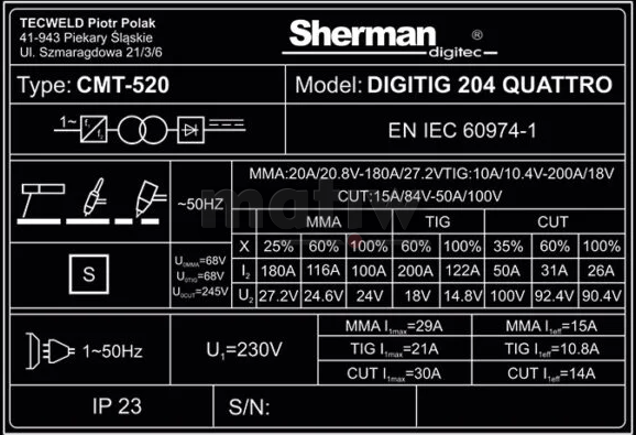 SPAWARKA TIG PLAZMA SHERMAN DIGITIG 204 QUATRO Z WÓZKIEM
