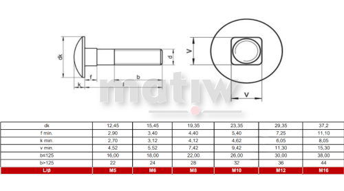 ŚRUBA NIERDZEWNA A2 ZAMKOWA ŁEB GRZYBKOWY DIN 603 M12 x 45 100szt