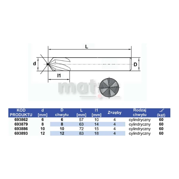 FAZOWNIK 60° DO METALU VHM FESTA PROFESSIONAL 8,0 mm
