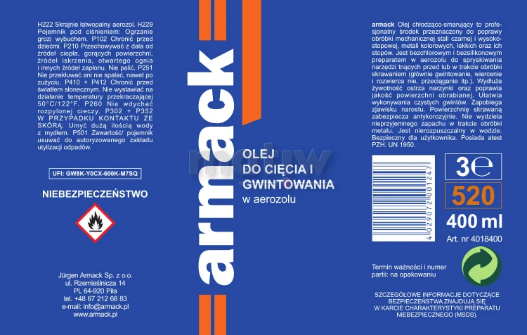 Olej do cięcia, wiercenia w aerozolu 400 ml Armack .jpg